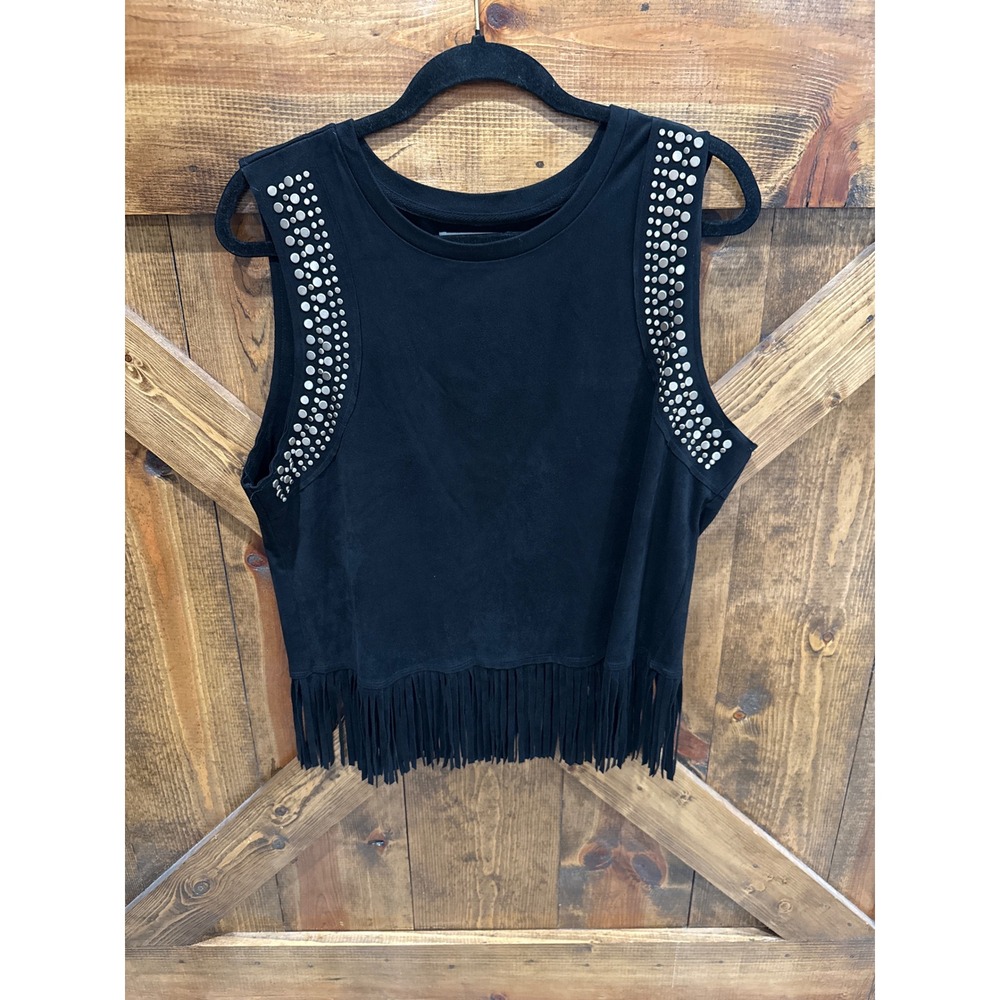 Idyllwind Miranda Lambert Black Faux Suede Studded Fringe Tank Top Large